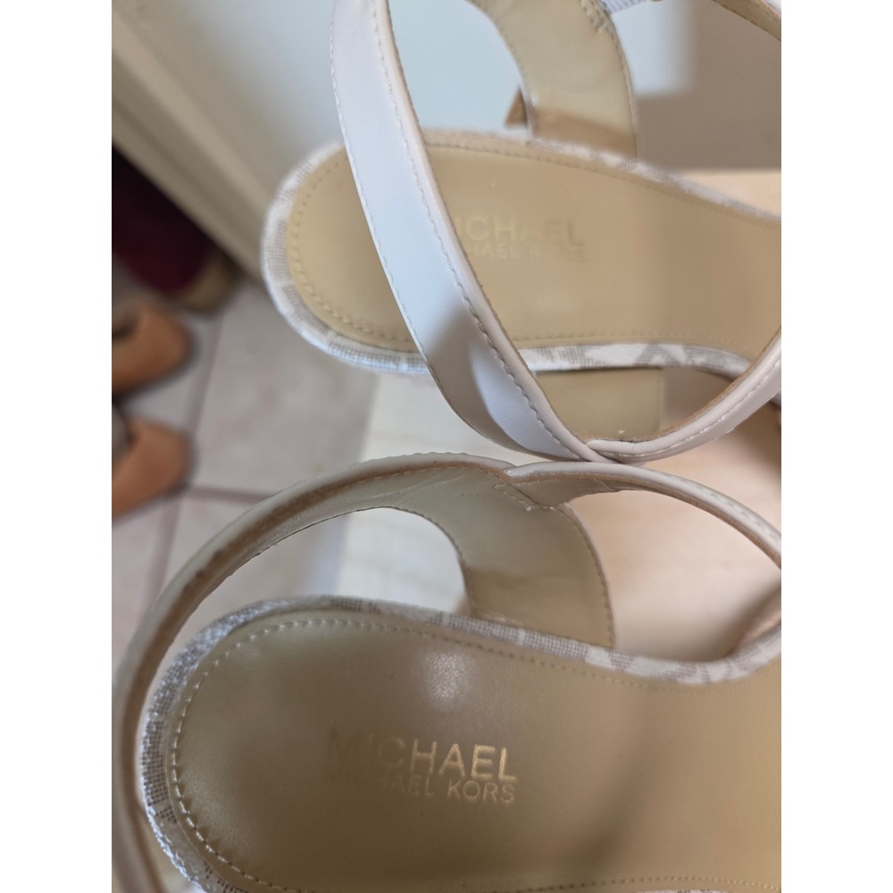 Michael Kors MK Logo Espadrille Platform Sandals White Cream Block Heel Size 8 - Picture 4 of 11